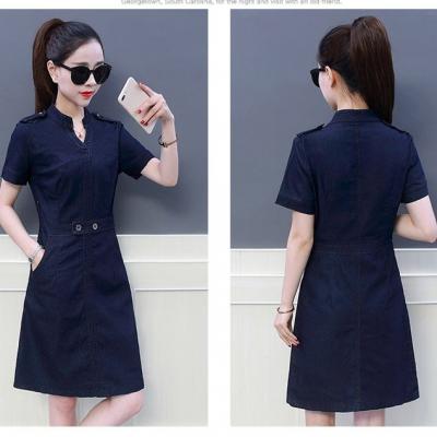 ĐẦM JEAN CỔ V ĐAI EO ĐÍNH NÚT - NJ298